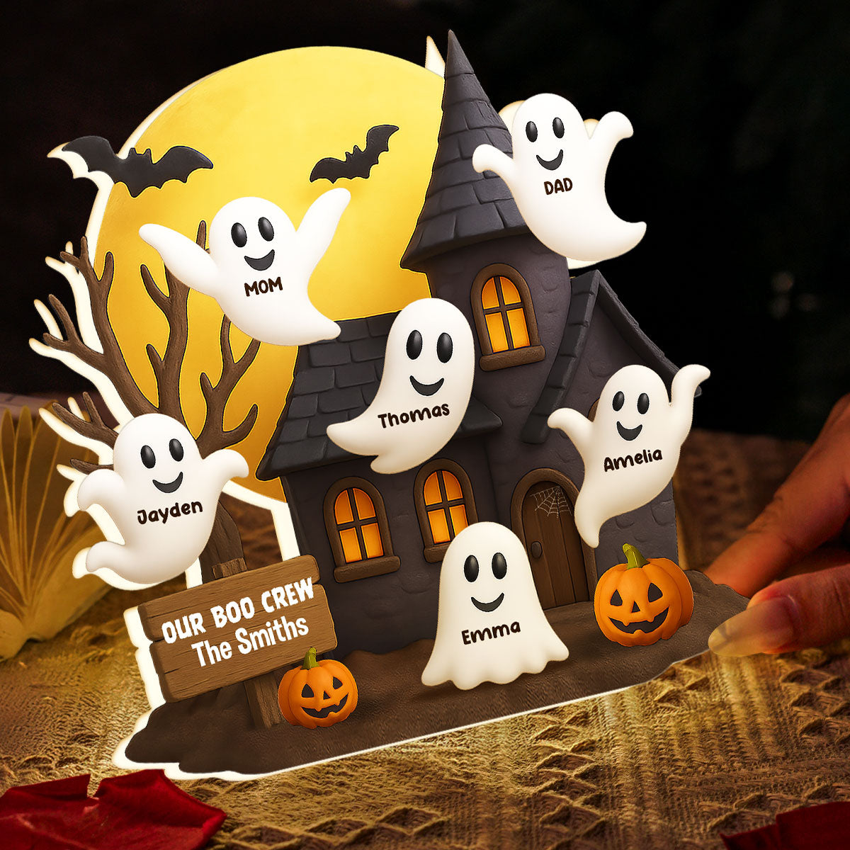 Halloween Boo Family Haunted House Personalized Light Box, Halloween Home Tabletop, Tiered Tray, Shelf Sitter Decoration