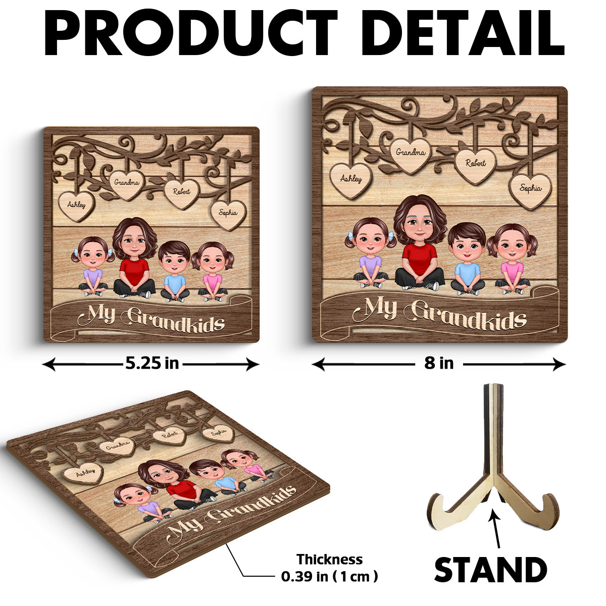 Grandma Grandkids Swirl Tree Hearts Personalized 2-layer Wooden Plaque