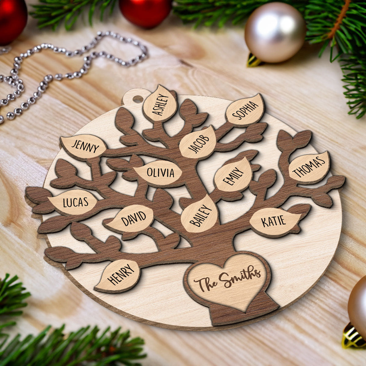 Family Tree Member Names Personalized 2-Layer Wooden Ornament