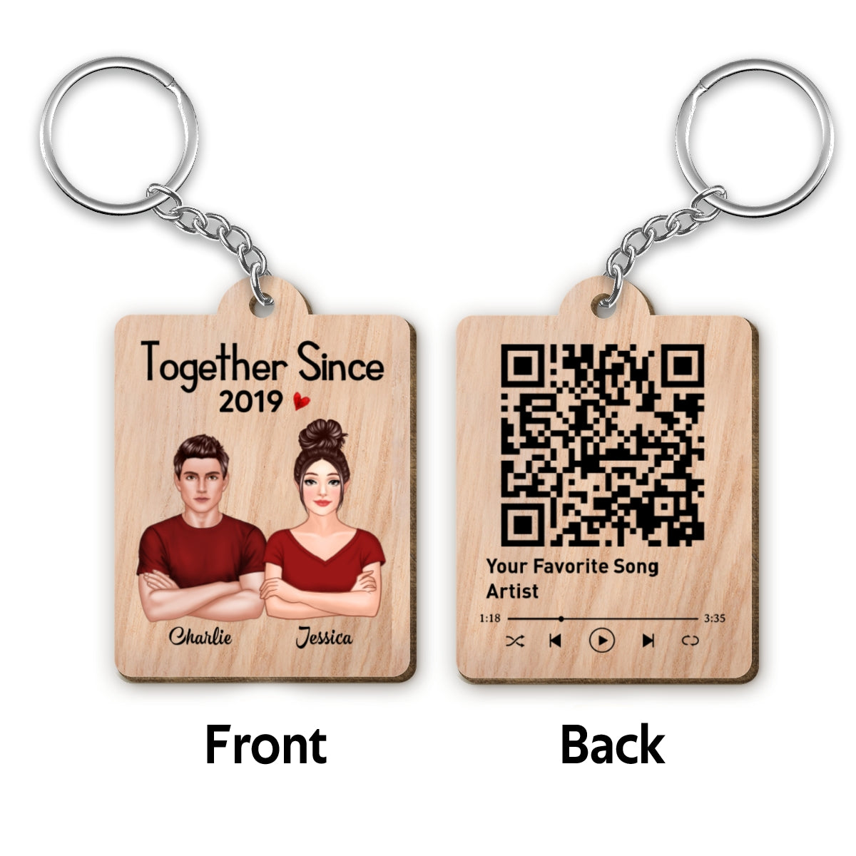 Real Couple Crossed Arms Favorite Song Scannable QR Code Personalized Wooden Keychain
