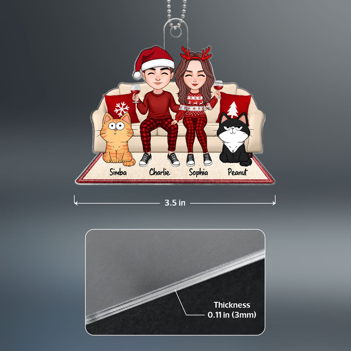 Cute Couple Sitting With Fluffy Funny Expression Cats On Christmas Sofa Personalized Acrylic Ornament
