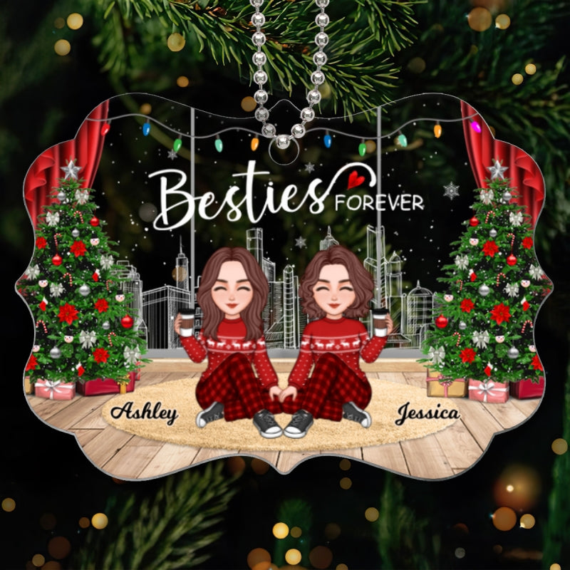 Cute Besties Sisters Christmas Window City Skyline Personalized Acrylic Ornament