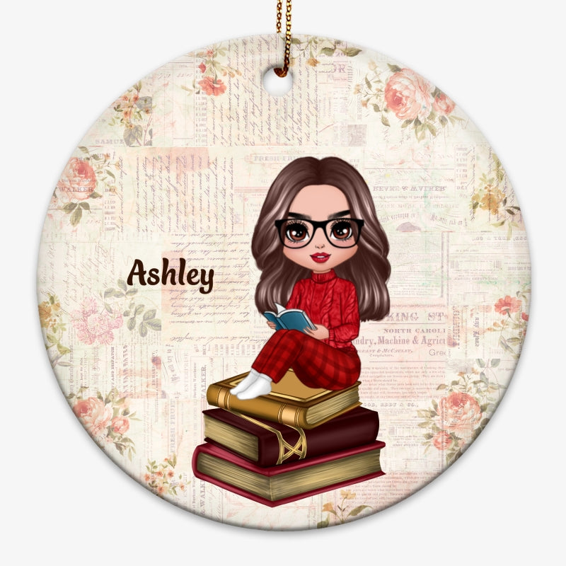Reading Girl Sitting On Books Personalized Circle Ornament
