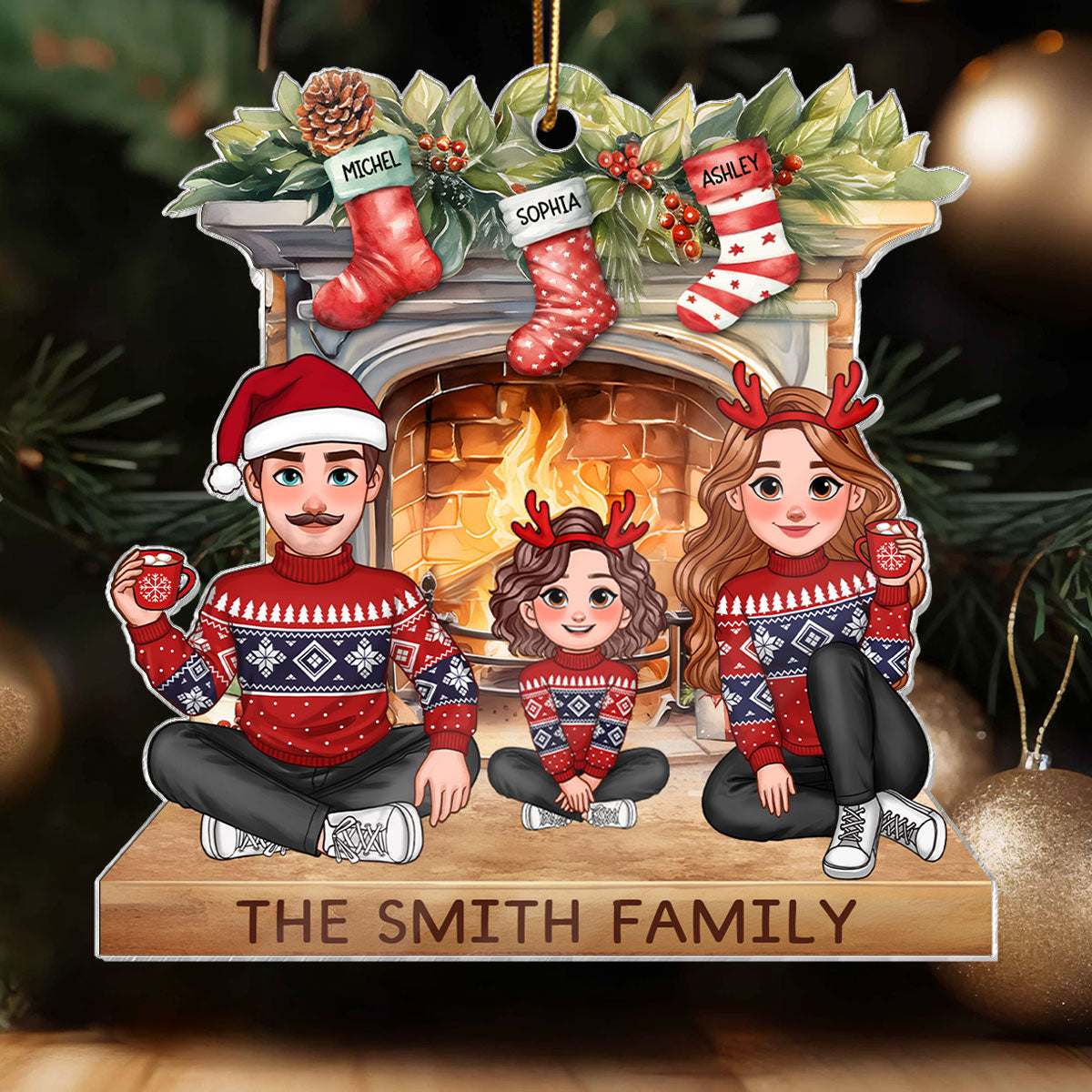 Animated Family Sitting At Christmas Fireplace Personalized Acrylic Ornament
