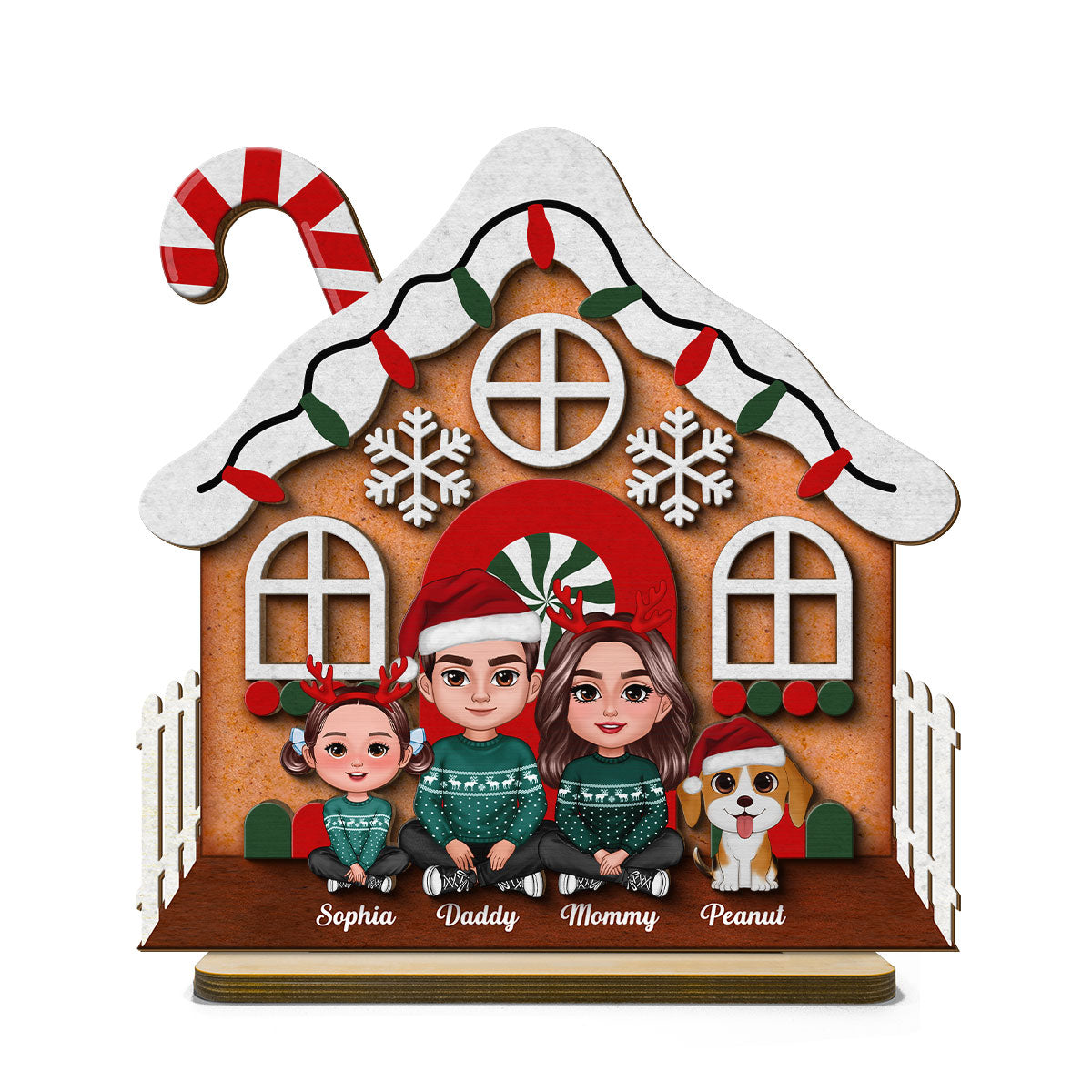 Gingerbread House Family Christmas Tabletop Fireplace Decor Personalized 2-Layer Standing Wooden Plaque