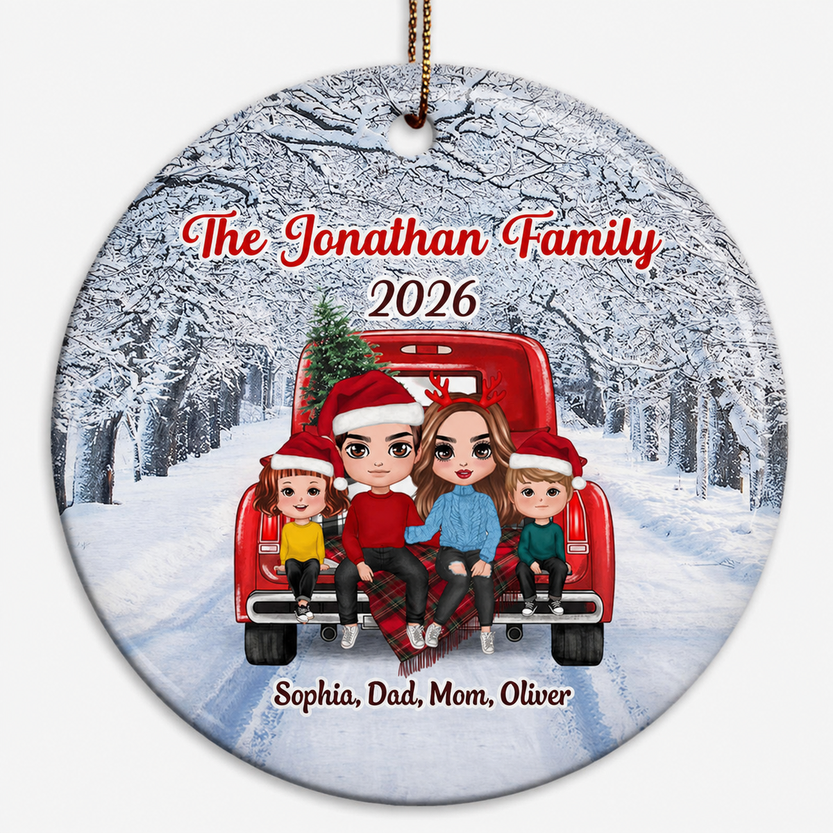Family Sitting On Christmas Truck Winter Personalized Circle Ornament
