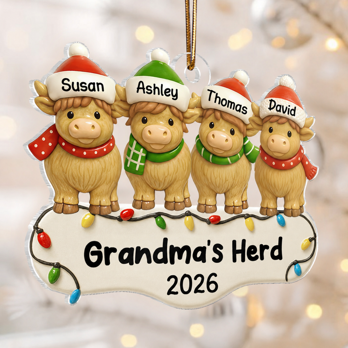 3D Effect Highland Cows Grandma's Herd For Christmas Personalized Acrylic Ornament, Christmas Decor For Grandma