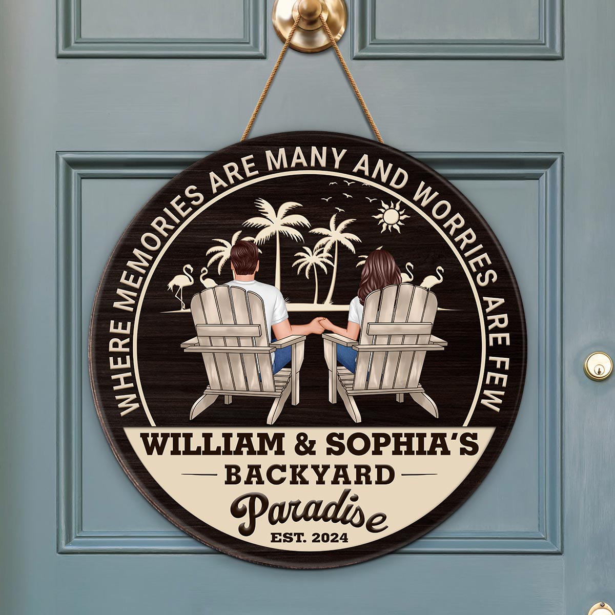 Backyard Paradise Couple Sitting Personalized Wood Sign