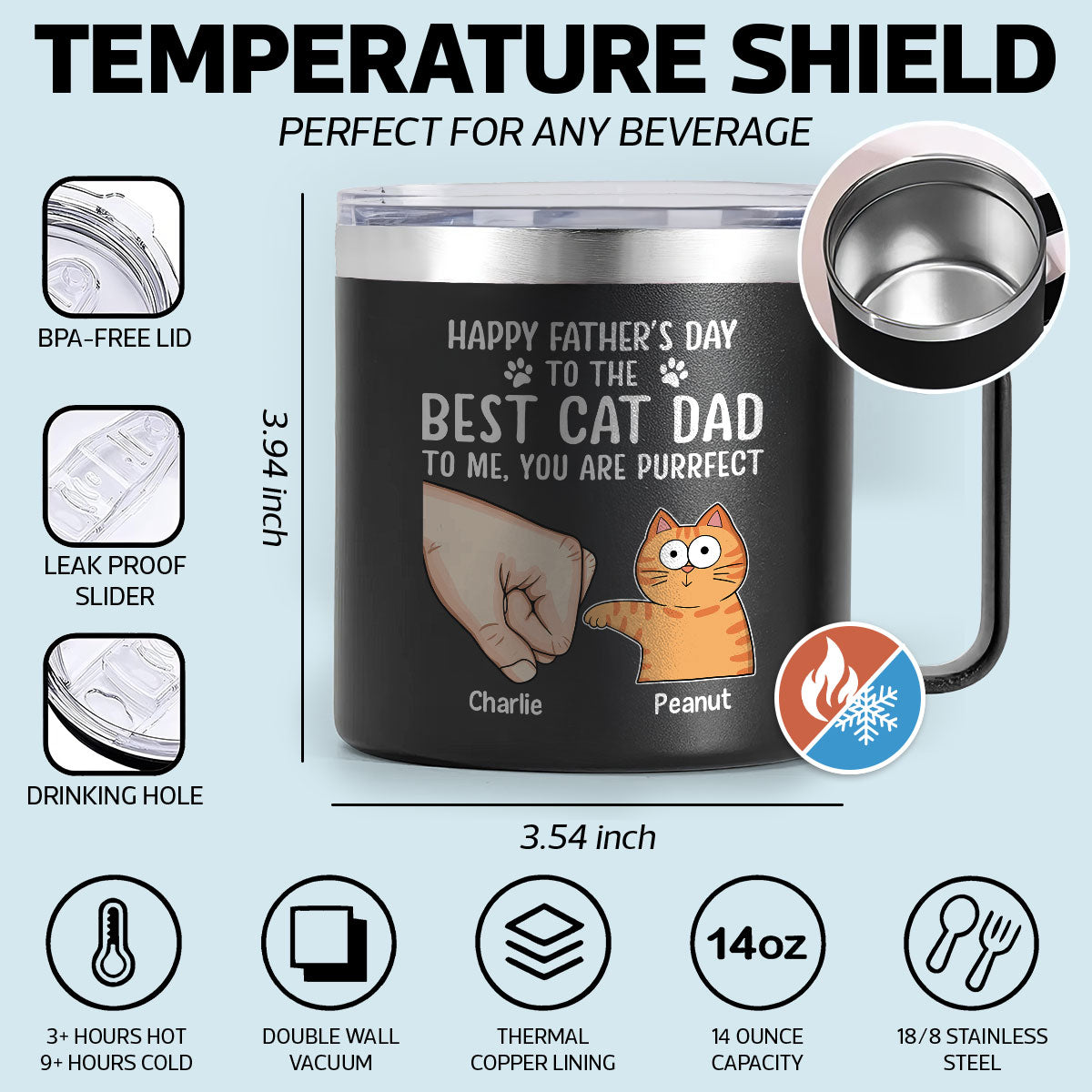Happy Father‘s Day Fist Bump Funny Cute Cats Personalized Stainless Steel Tumbler With Handle, Gift For Cat Dad