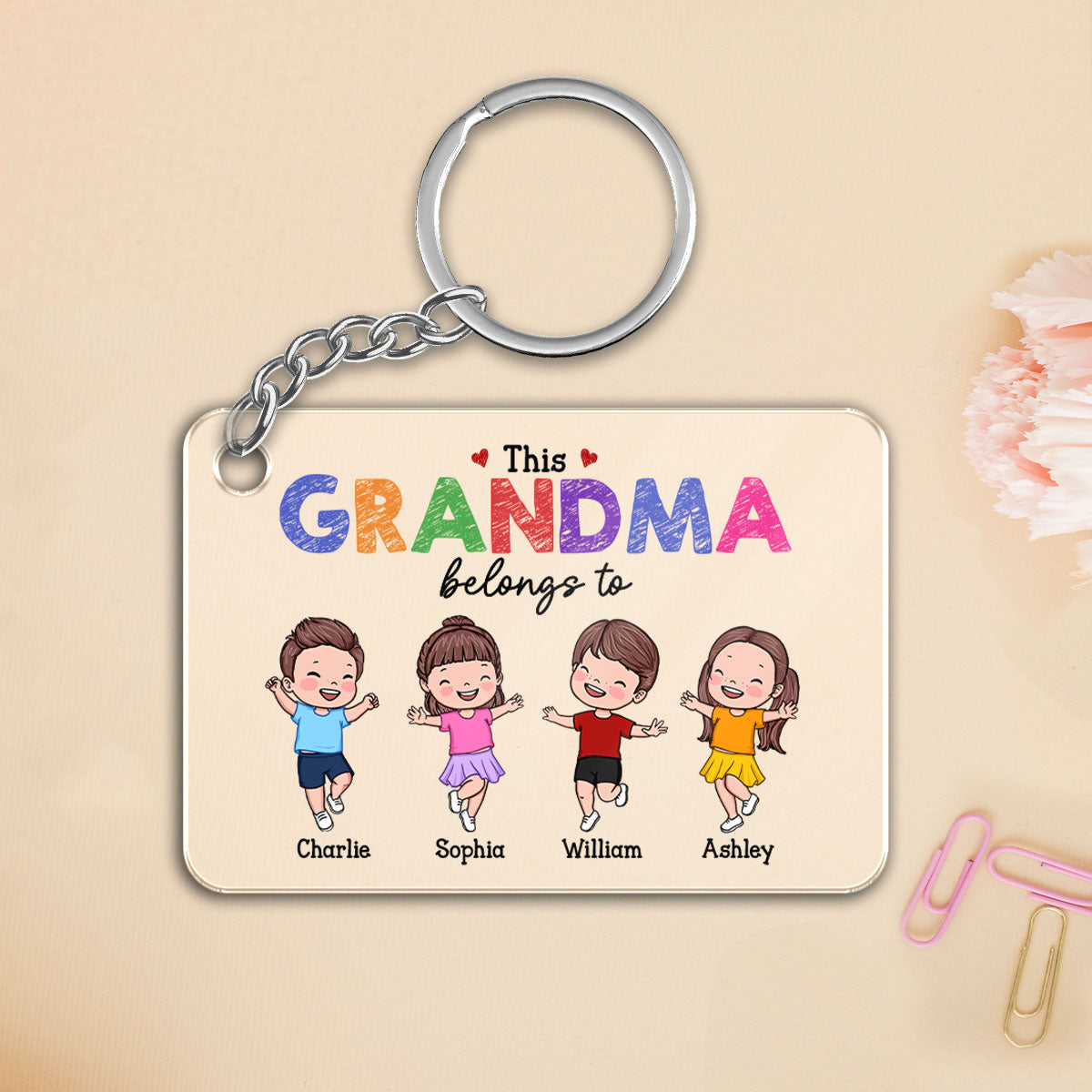 This Grandma Belongs To Happy Vector Kids Personalized Acrylic Keychain