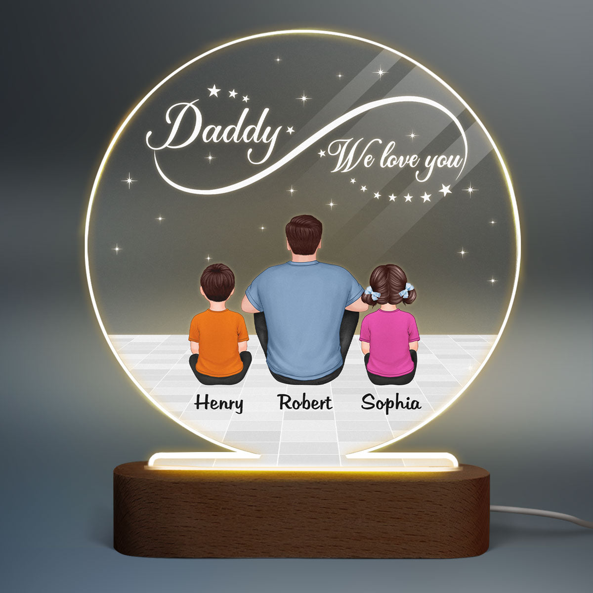 Infinity Dad Grandpa We Love You Back View Dad And Kids Dogs Cats Sitting Personalized Personalized Circle Acrylic Plaque LED Night Light