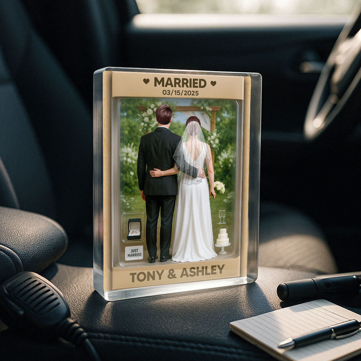 Bride & Groom Couple Realistic Figures Style Garden Wedding Theme Personalized Acrylic Block Plaque, Wedding Gift, Newlyweds Gift