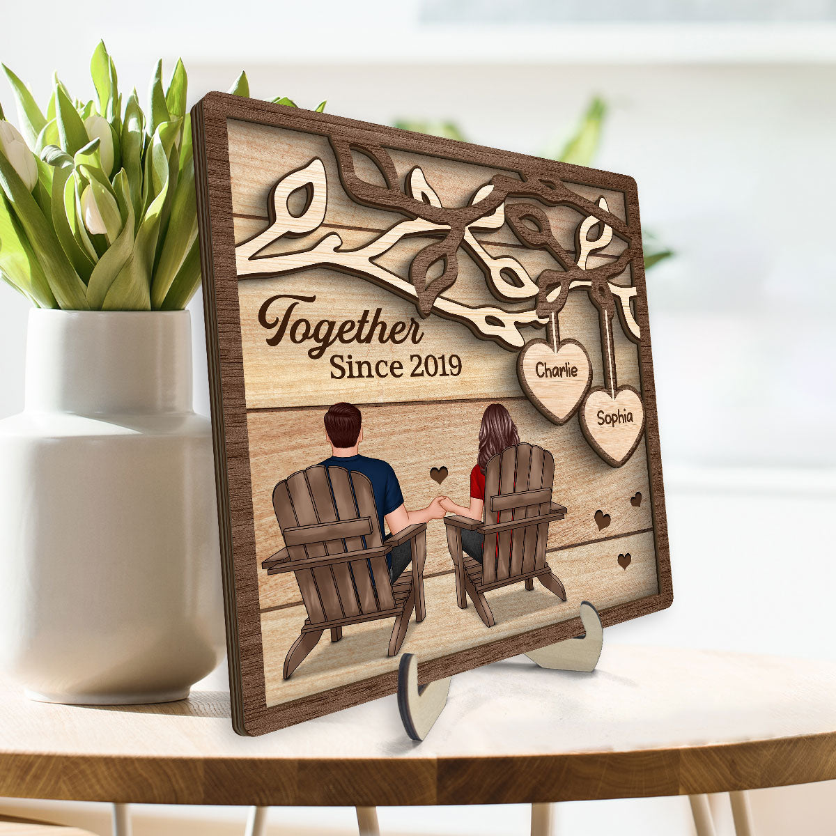 Couple Back View Sitting Under Tree  Personalized 2-Layer Wooden Plaque, Valentine‘s Day Gift For Him, For Her