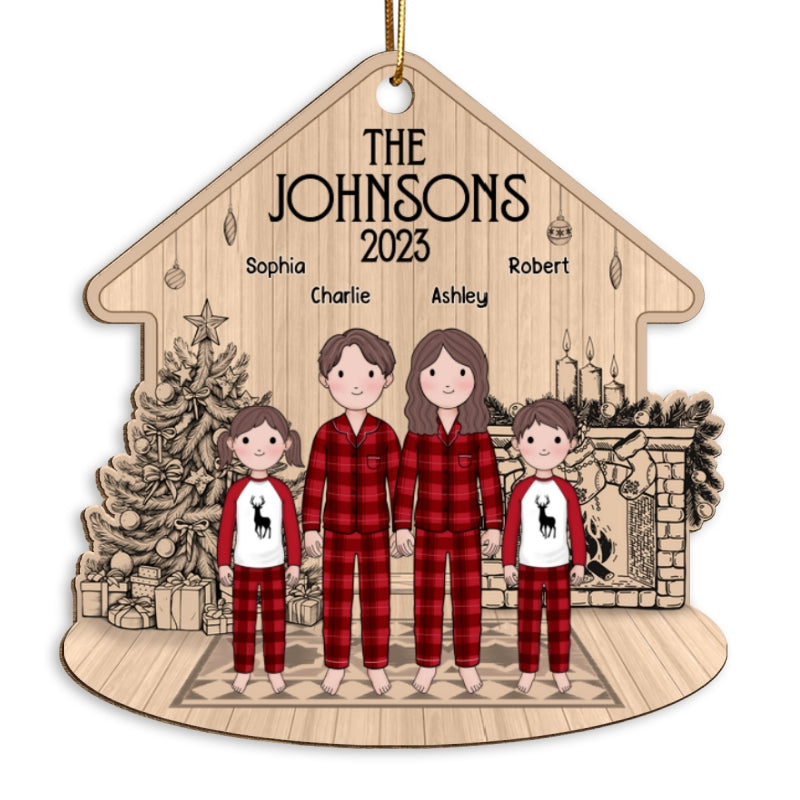 Simple Cartoon Whole Family At Fireplace Sketch Background Personalized Wooden Ornament