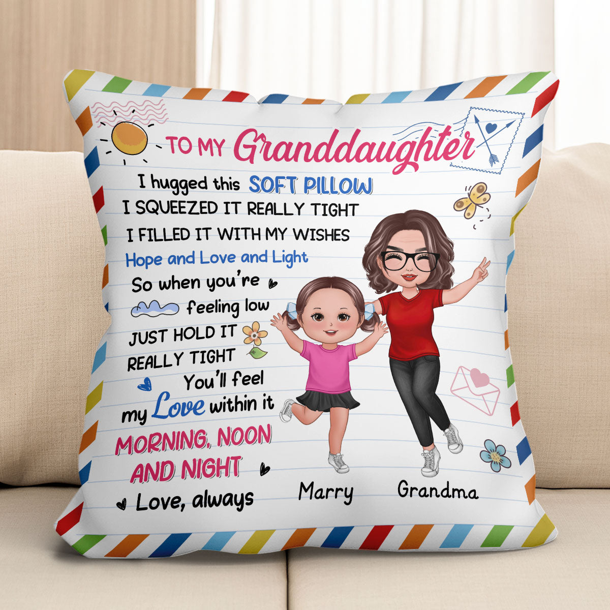 Happy Doll Grandma & Grandkid Envelop Pattern To My Granddaughter Grandson Personalized Pillow