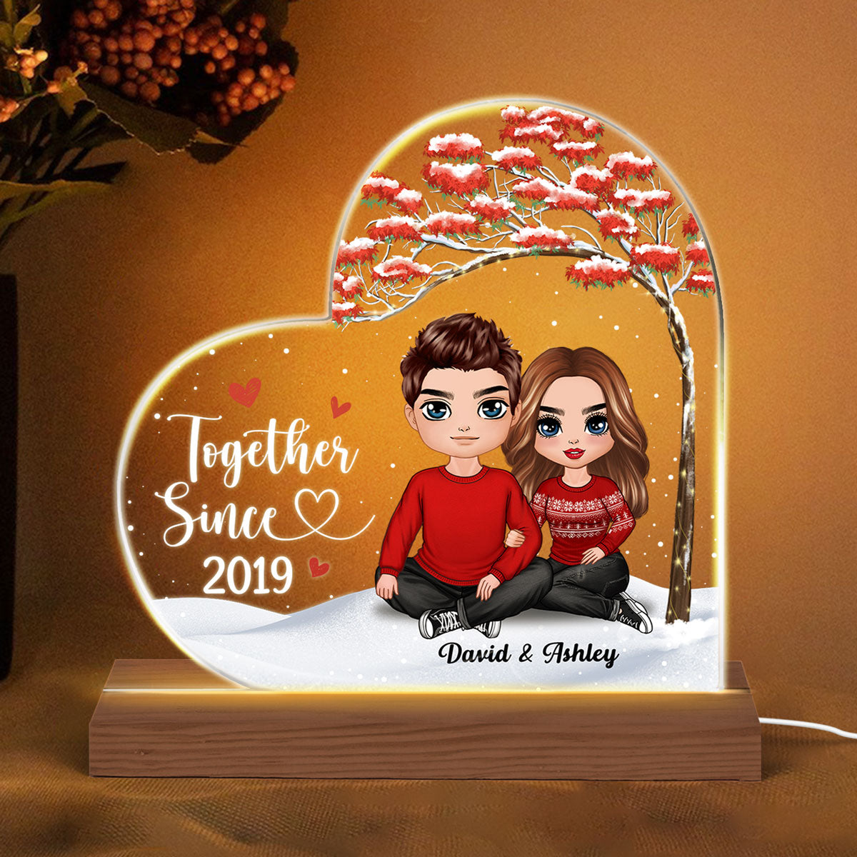 Doll Embracing Couple Under Red Tree Gift For Him For Her Personalized Custom Shape Acrylic Plaque LED Night Light