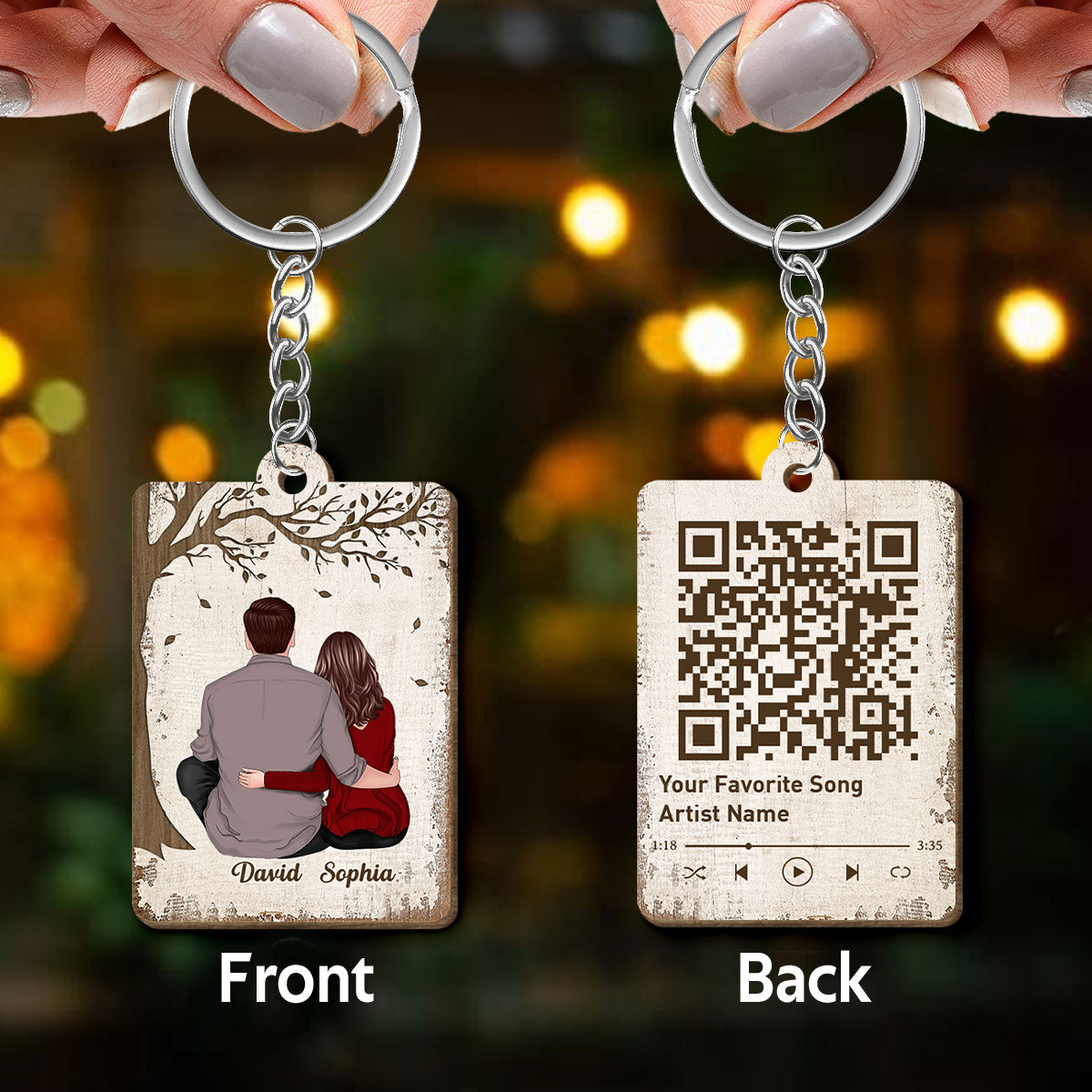 Couple Back View Sitting Favorite Song QR Code Personalized Wooden Keychain