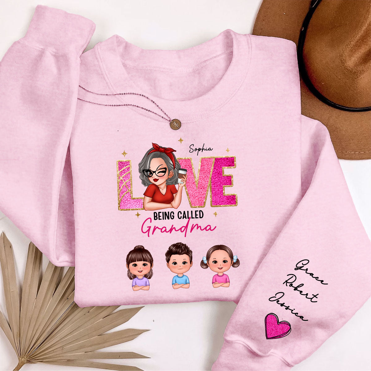 Love Being Called Grandma Glitter Texture Personalized Sleeve Printed Sweatshirt