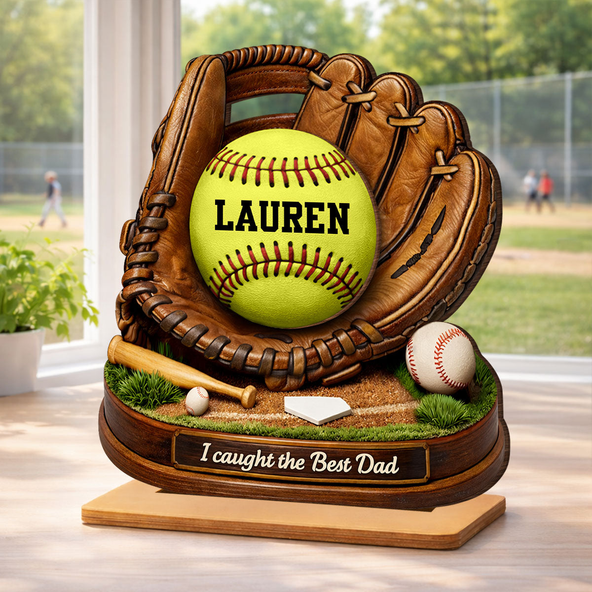 We Caught the Best Dad Baseball Softball - Personalized 2-Layered Wooden Plaque - Heartfelt Gift for Dad