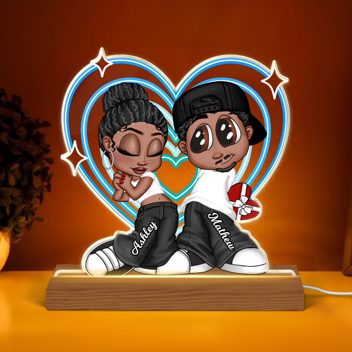 Y2K Couple Retro Heart Personalized Acrylic LED Night Light, Unique Valentine's Day Gift For Him, Gift For Her