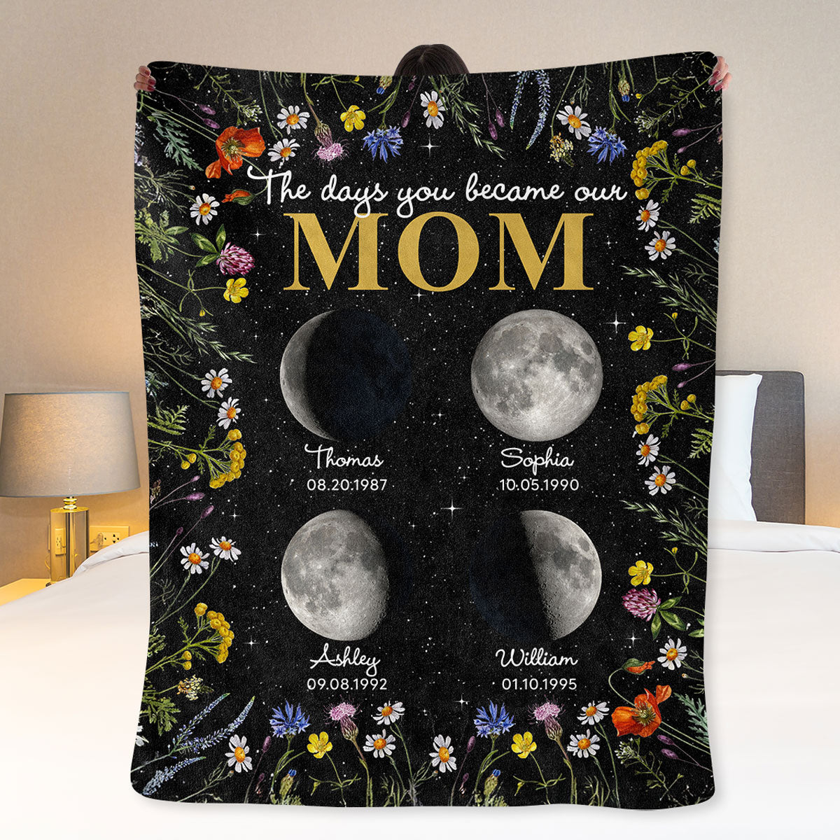 The Day You Became Mom Grandma Custom Birth Moon Phase Floral Personalized Fleece Blanket, Gift