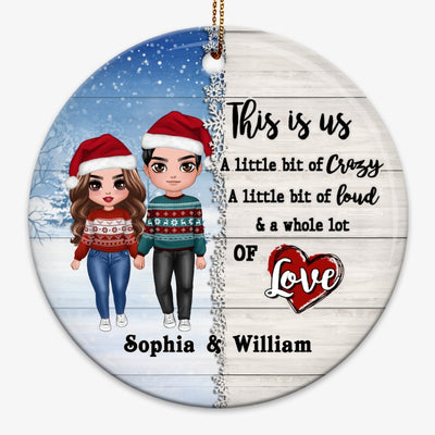 Half Snow Pattern Doll Couple Standing This Is Us Christmas Personalized Circle Ornament