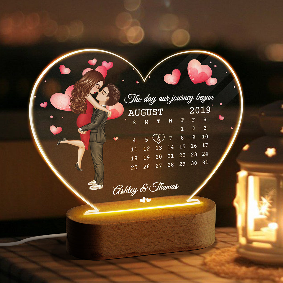 Doll Couple Hugging Kissing Together Since Anniversary Date Calendar Personalized Acrylic Heart Plaque With LED Night Light - Anniversary Gift For Couple - Gift For Him, Gift For Her