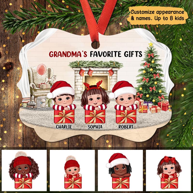 Grandkids On Gift Box Christmas Tree Personalized Christmas Ornament