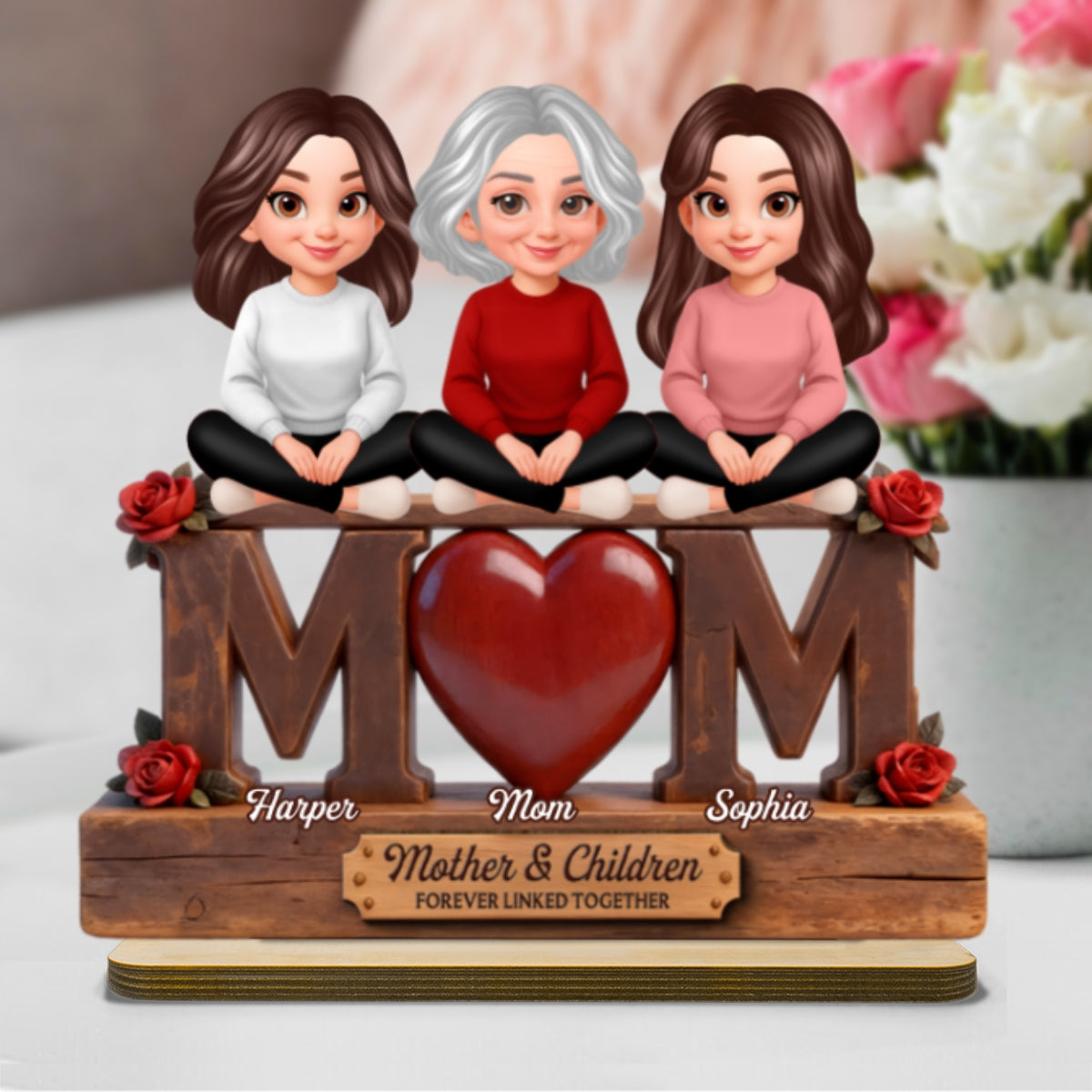 Rose MOM And Daughters Sons - Personalized 2-Layered Wooden Plaque - Heartfelt Mother's Day Gift For Mom