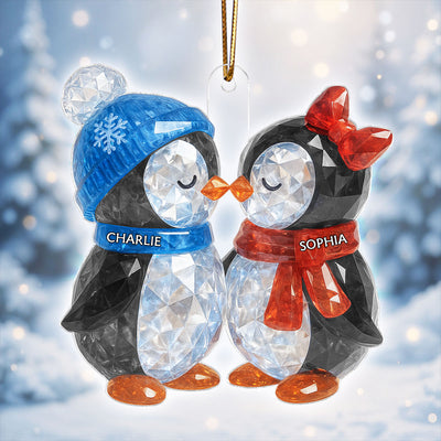 Christmas Penguins Couple 3D Crystal Effect Personalized Acrylic Ornament - Heartwarming Christmas Gift for Couple