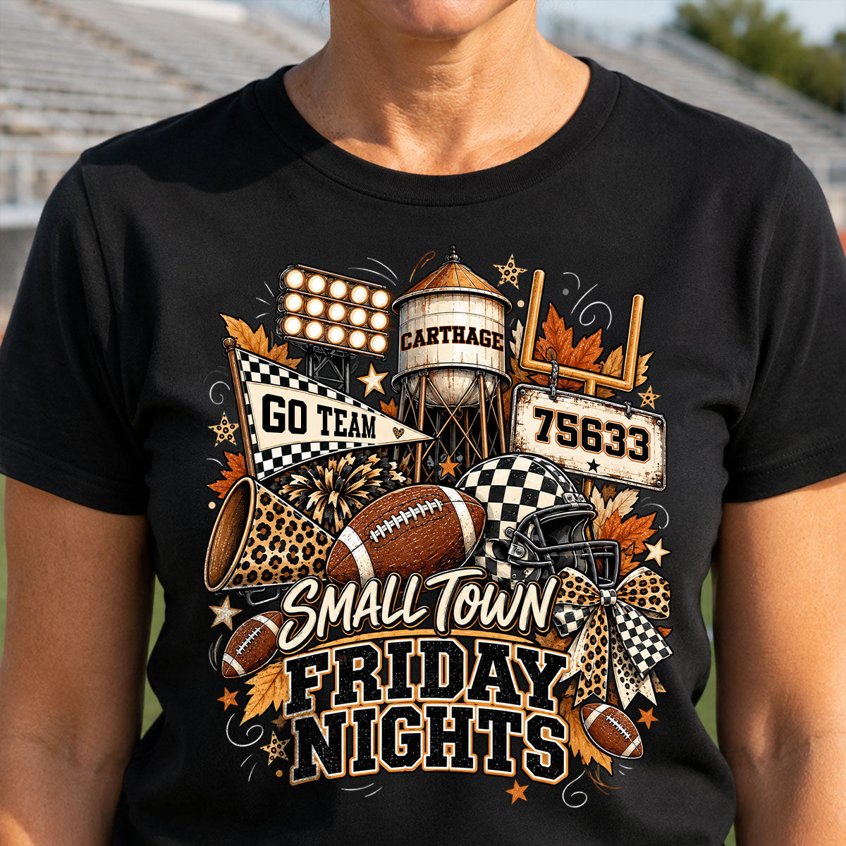 Small Town Friday Nights - Personalized Shirt - Trendy Fall Football Game Day, Custom Town Name, Zip Code