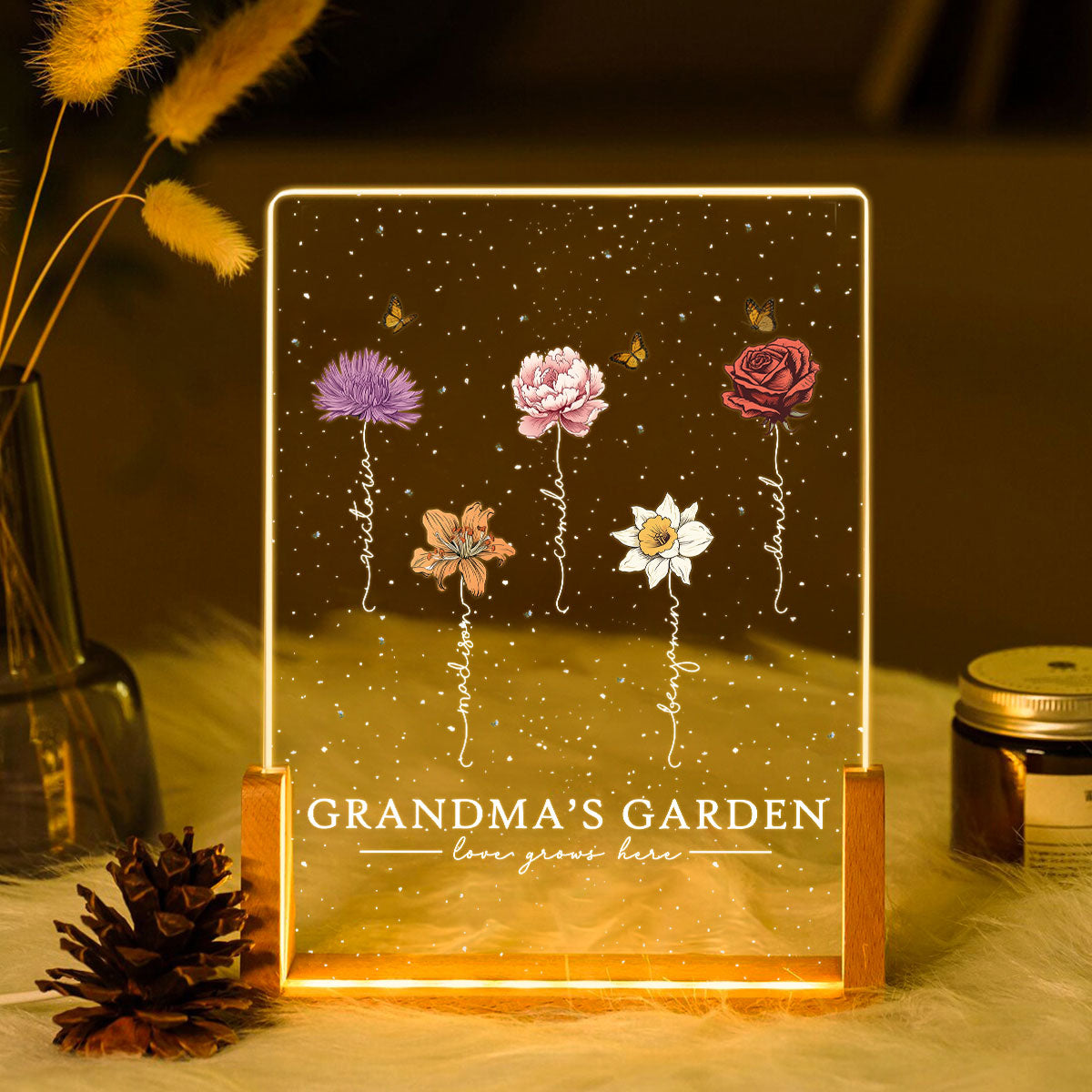Grandma's Garden Love Grows Here Birthmonth Flowers Personalized U-Base Acrylic LED Night Light, Grandkids Names Floral Gift