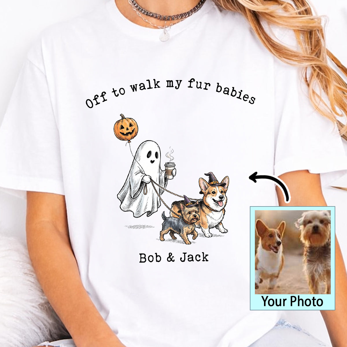 Off to Walk My Dog - Personalized Shirt - Halloween Spooky Ghost Trendy Tee for Dog Moms, Dog Dads
