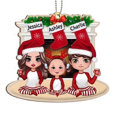 Pajamas Doll Family Sitting At Fireplace Personalized Wooden Ornament