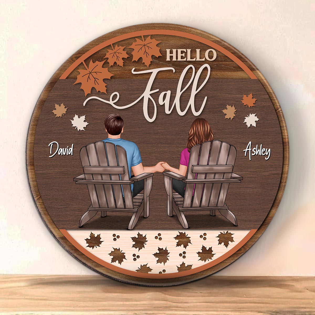 Hello Fall Couple Sitting Personalized Wood Sign, Fall Season Decor, Gift For Him Her