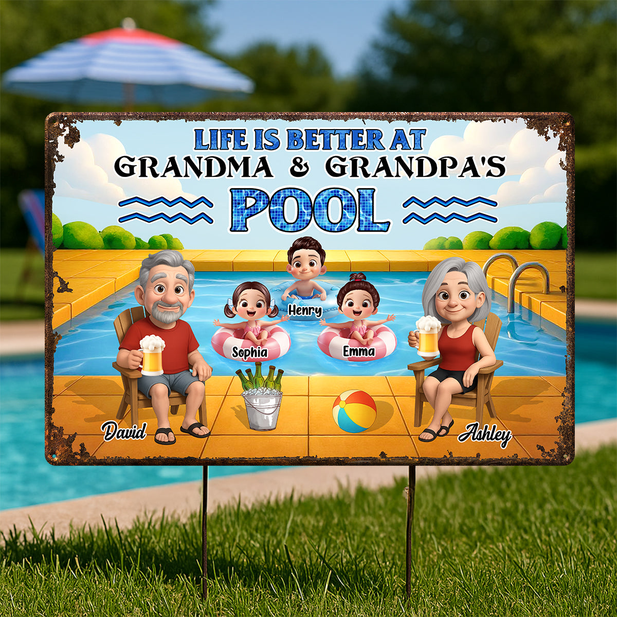 Life is Better at Grandma & Grandpa Pool Personalized Metal Sign, Grandchildren Welcome Sign, Grandparents Hosting Grandkids Summer Sign