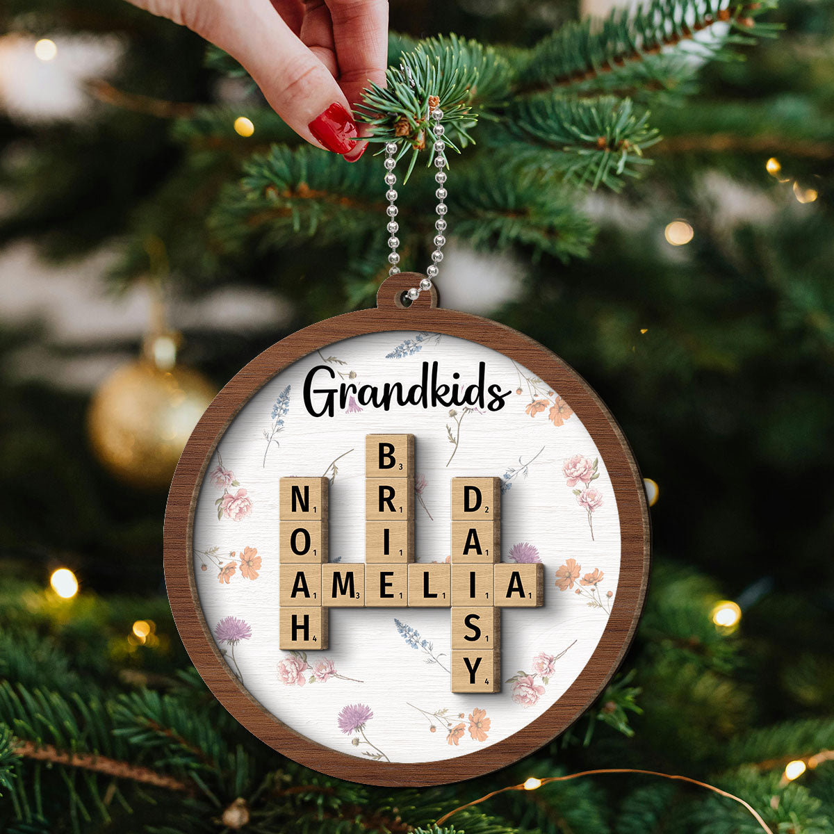 Grandkids Grandma's Garden Crossword Puzzle Art Birth Month Flower Personalized 2-Layer Wooden Ornament