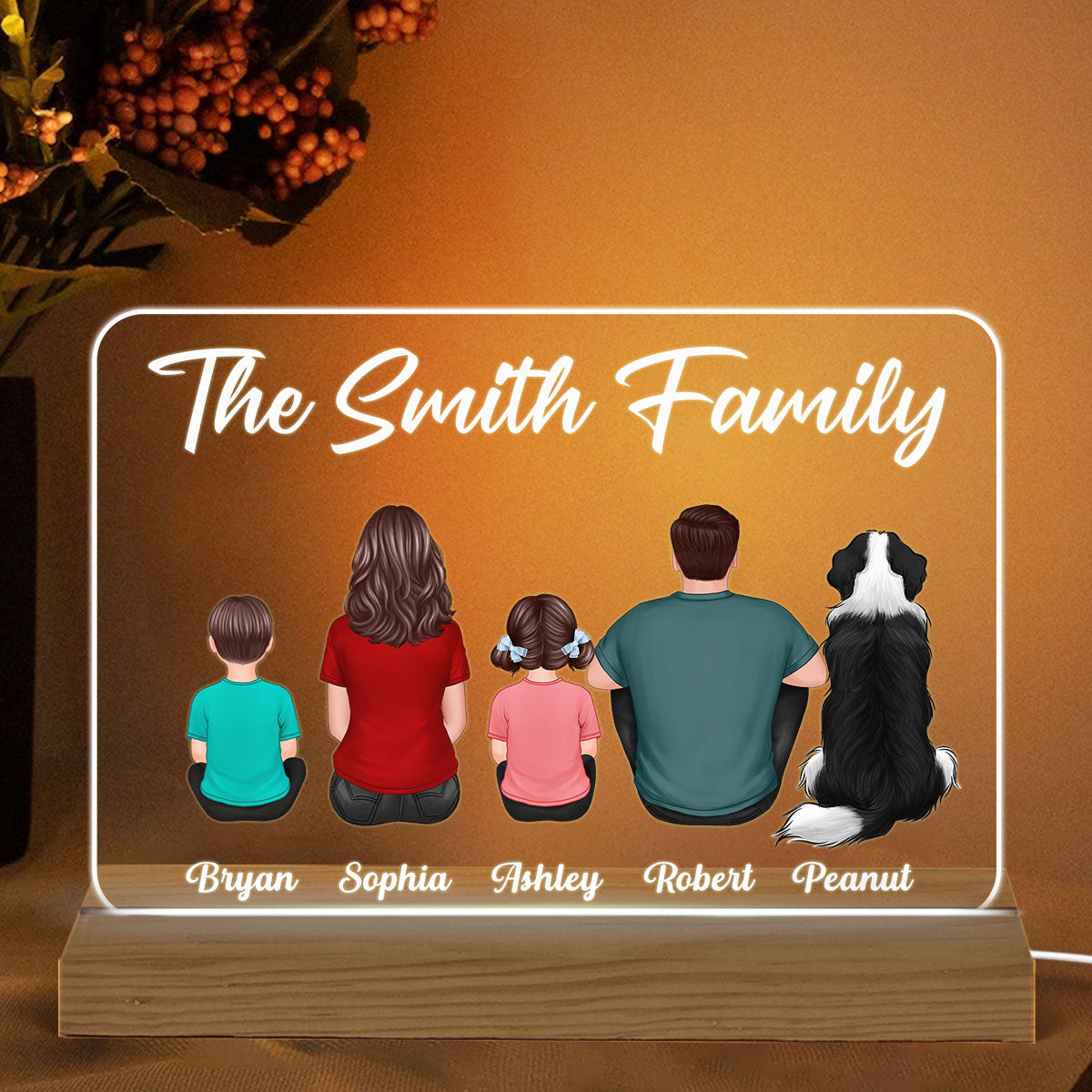 Whole Back View Family Couple Dad Mom Kids Dogs Cats Sitting Personalized Warm Custom Shape Acrylic Plaque LED Night Light