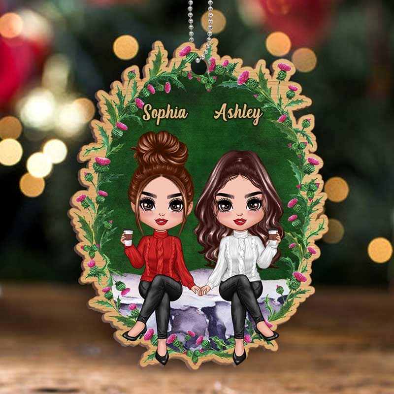 Doll Girls Besties Sisters Sitting On Flower Rock Personalized Wooden Ornament