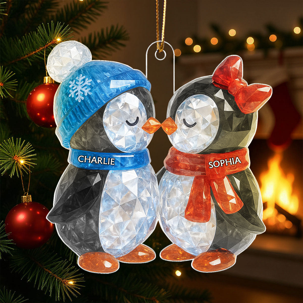 Christmas Penguins Couple 3D Crystal Effect Personalized Acrylic Ornament - Heartwarming Christmas Gift for Couple