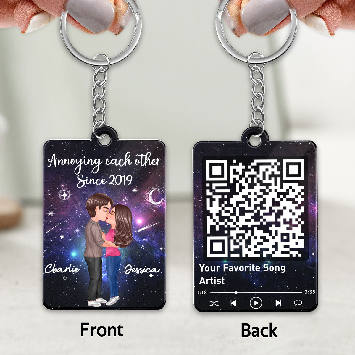 Doll Couple Kissing In Galaxy Night Favorite Song Scannable QR Code Personalized Acrylic Keychain