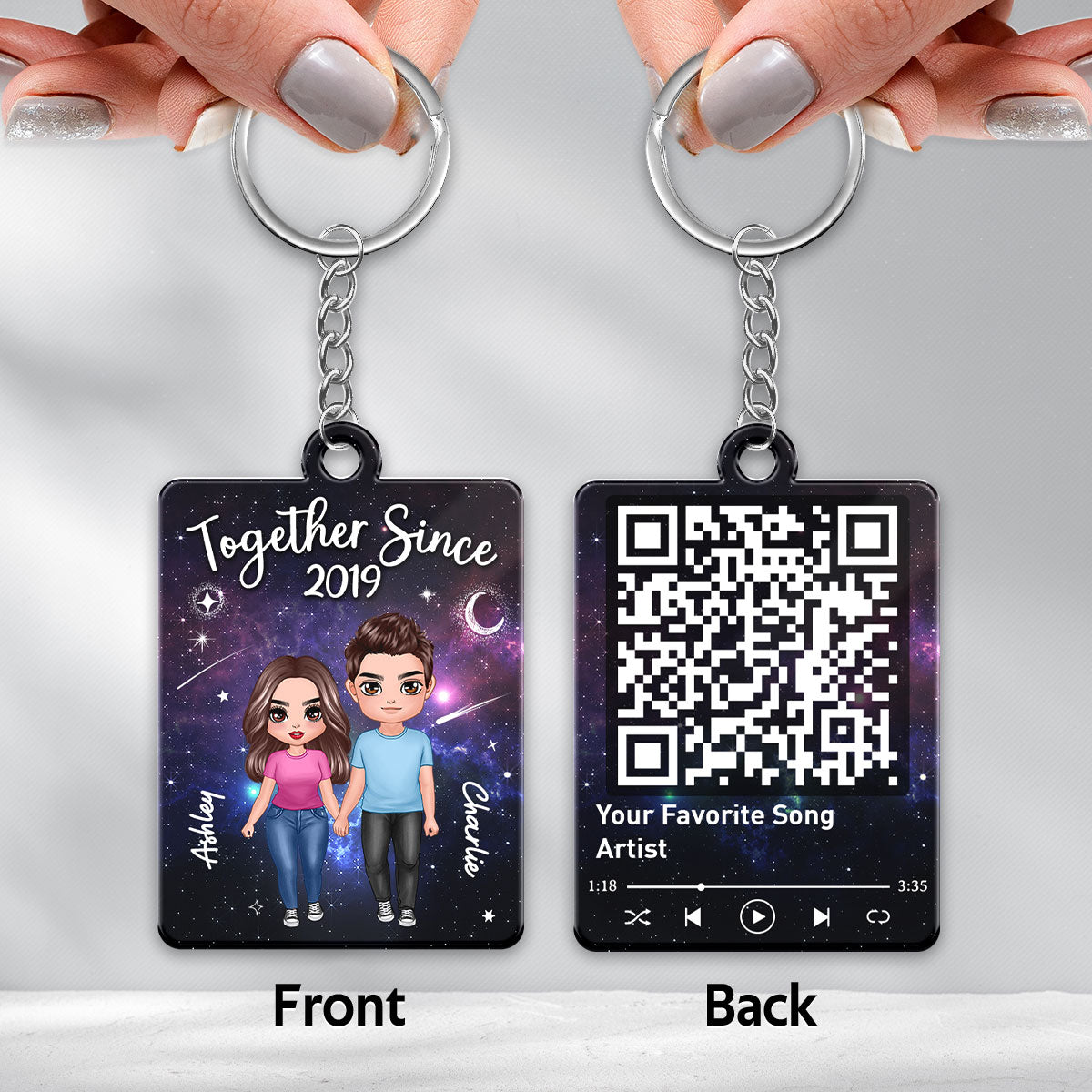 Doll Couple Standing In Galaxy Night Favorite Song Scannable QR Code Personalized Acrylic Keychain