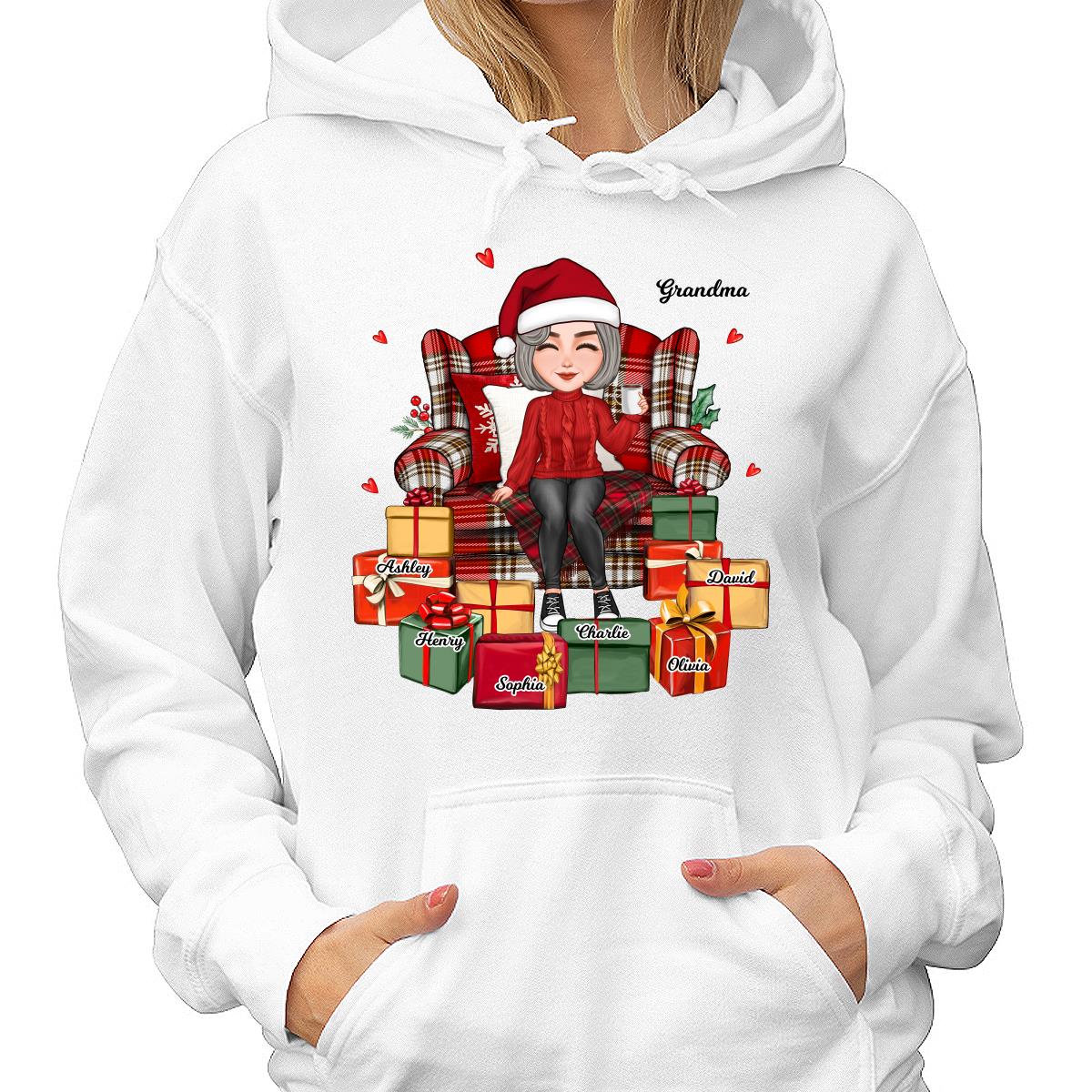 Christmas Cute Grandma Sitting On Chair Favorite Gifts Kids Names Personalized Shirt