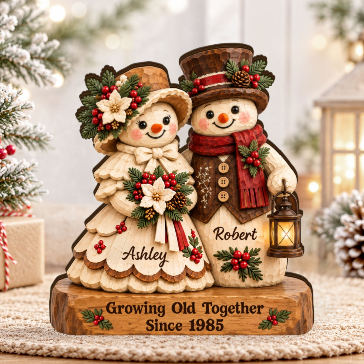Retro Vintage Rustic Snowman Couple Cozy Christmas Vibe - Personalized Wooden Block Plaque - Christmas Gift For Couple
