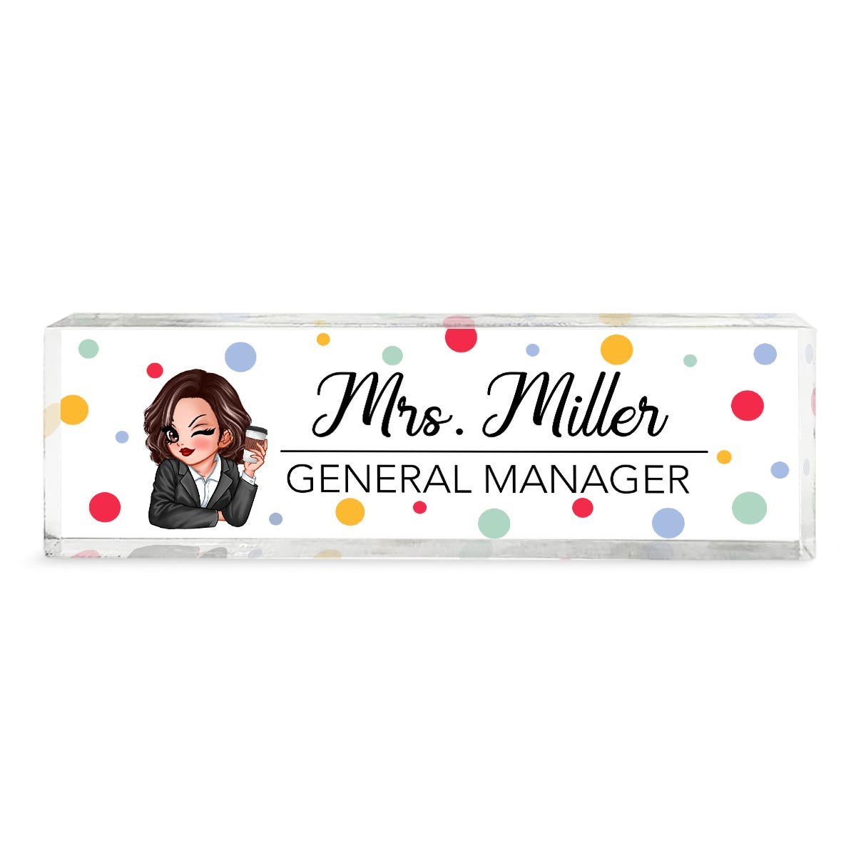 Polka Dot Woman Personalized Acrylic Desk Name Plate, Office Desk Decor, Gift For Colleagues, Coworkers, Boss