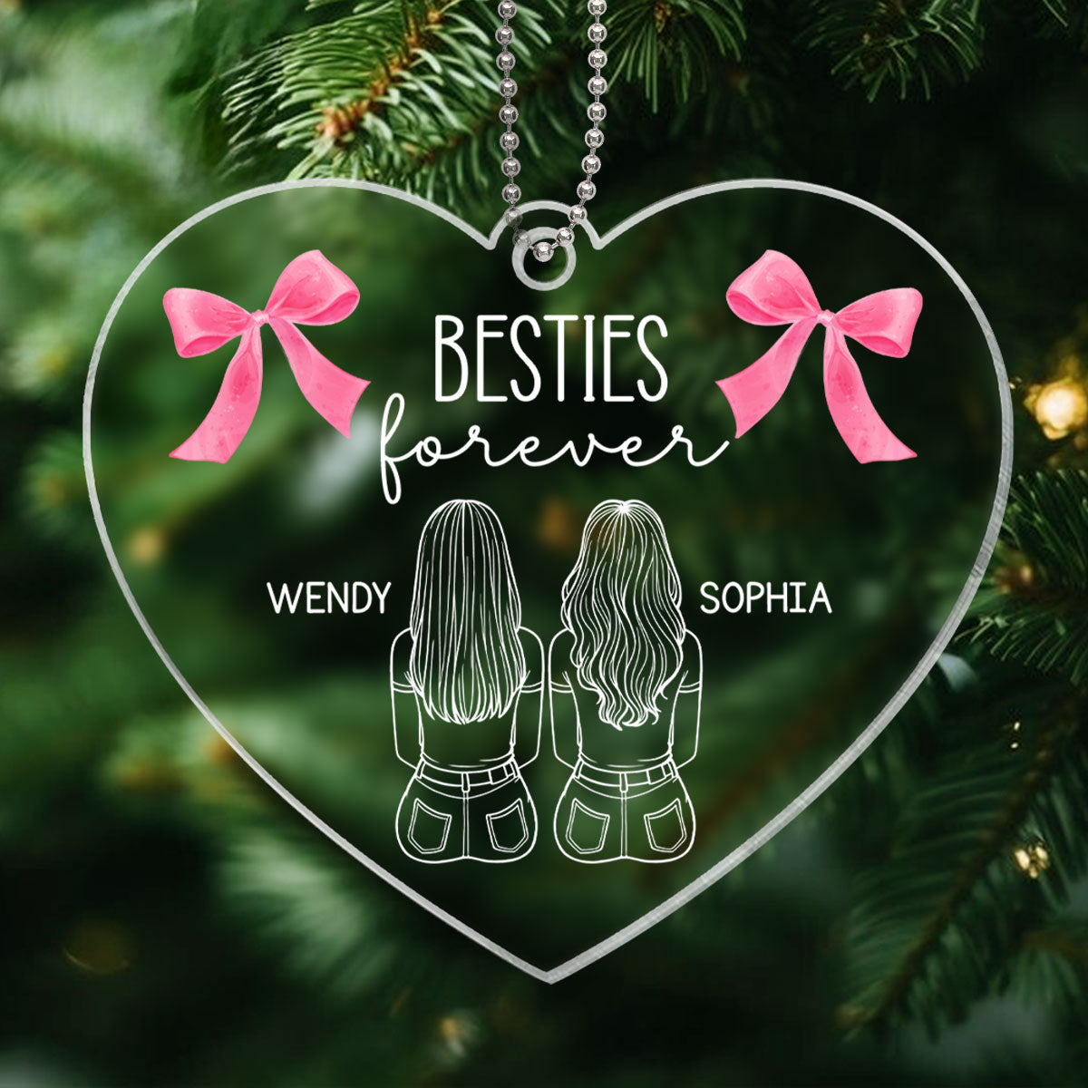 Besties Sisters Sitting Back View Outline Christmas Coquette Personalized Acrylic Ornament