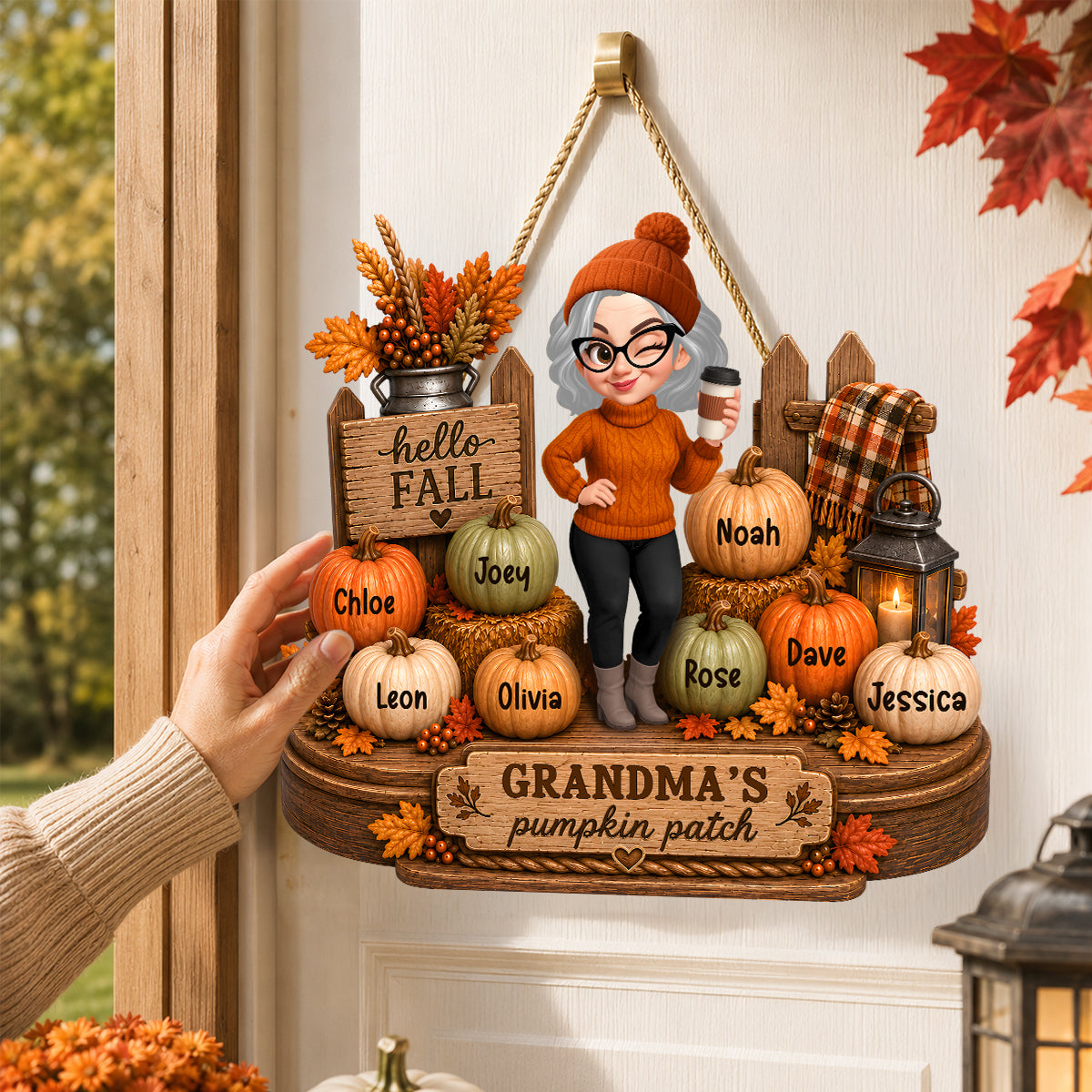 Hello Fall Grandma's Pumpkin Patch - Personalized Wooden Door Sign - Cozy Fall Decor for Grandma