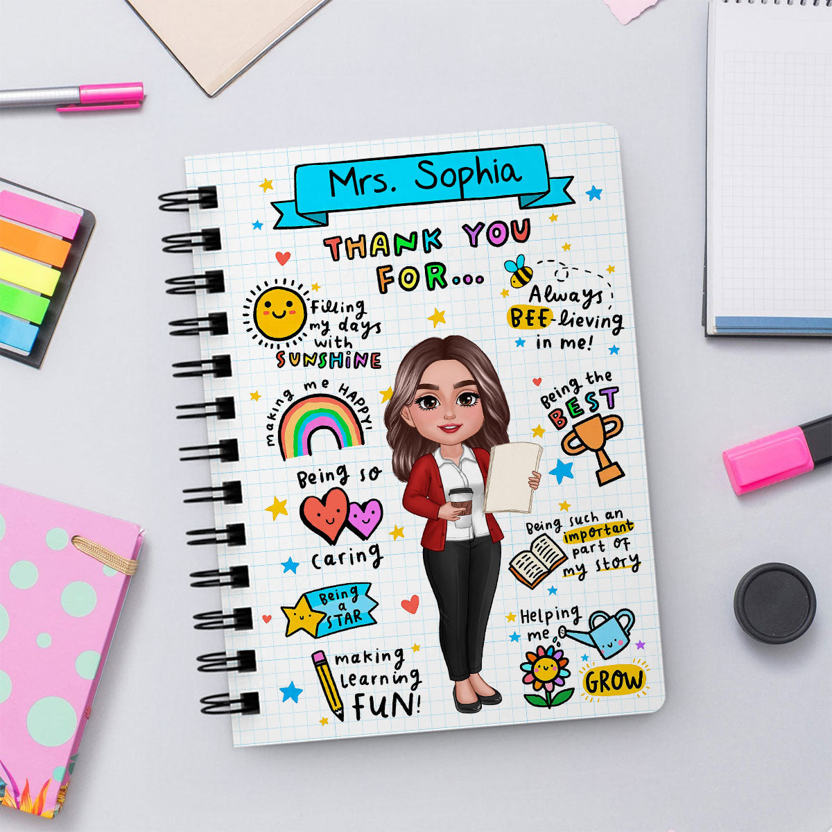 Message To Teacher Appreciation Gift Personalized Spiral Notebook Journal, Back To School Gift For Teacher