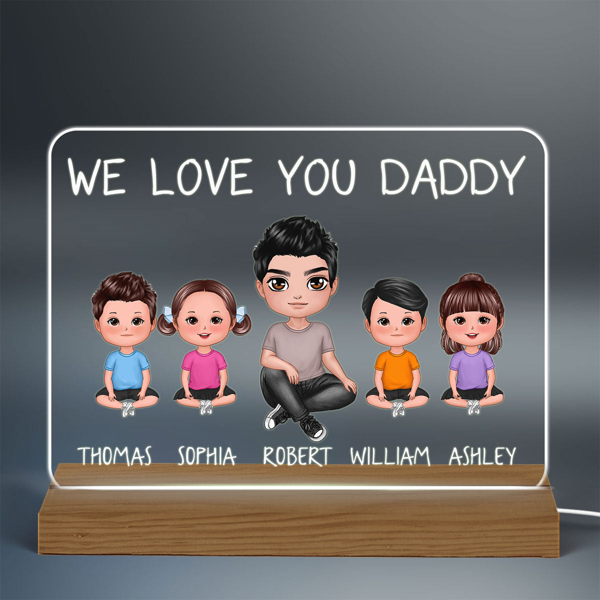 We Love You Daddy Doll Man Sitting Crossed Legs With Doll Kids Personalized Custom Shape Acrylic Plaque Warm LED Night Light