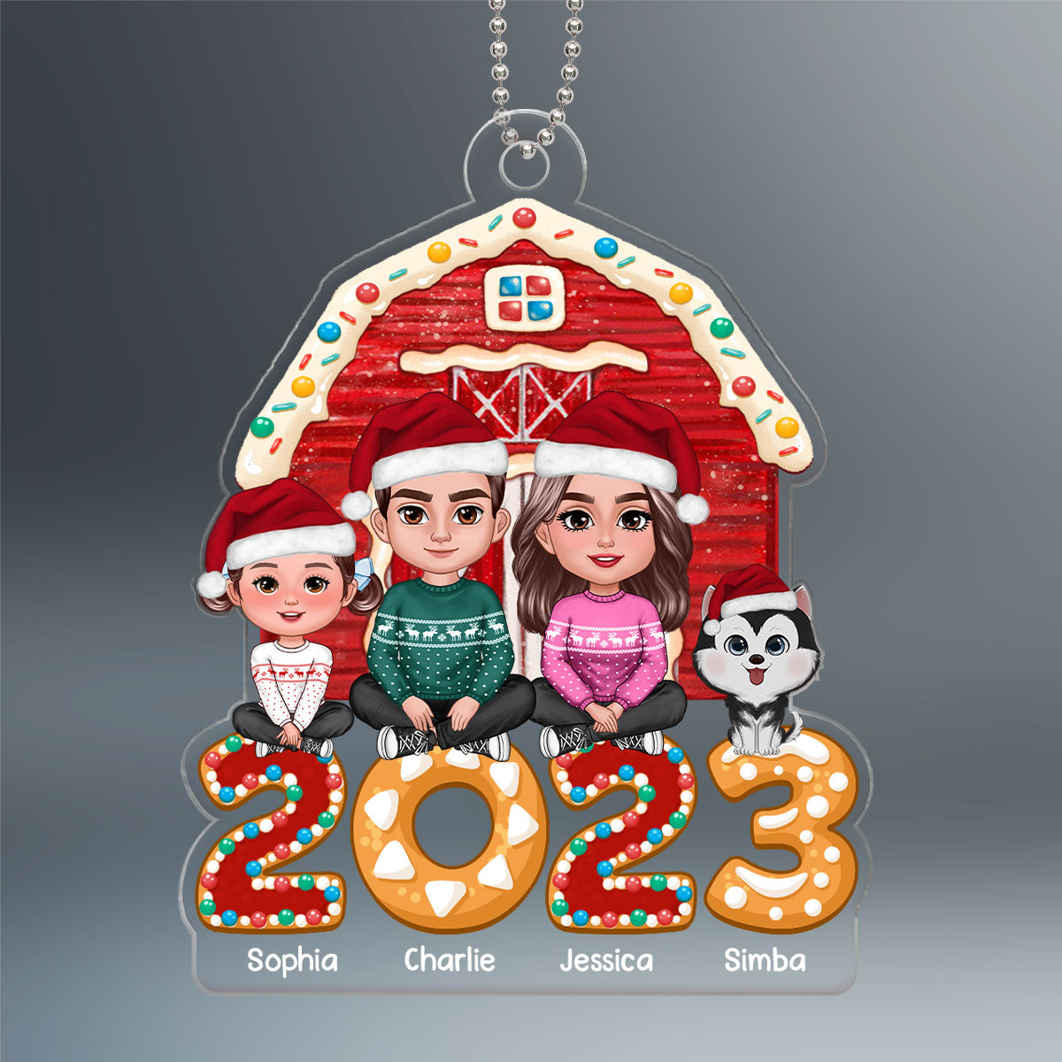 Family Sitting Crossed Legs In Front Of Red Barn 2023 Personalized Acrylic Ornament